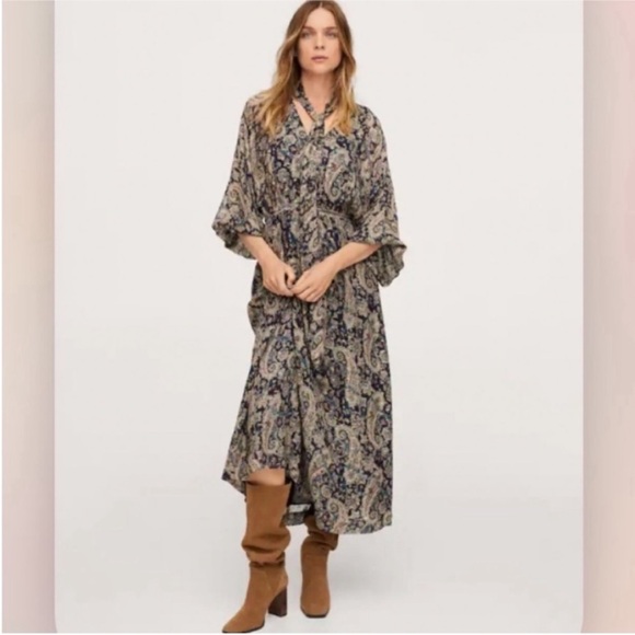 Mango Blue Paisley Floral Metallic Long Sleeve Boho Maxi Dress | 4 - Picture 1 of 9